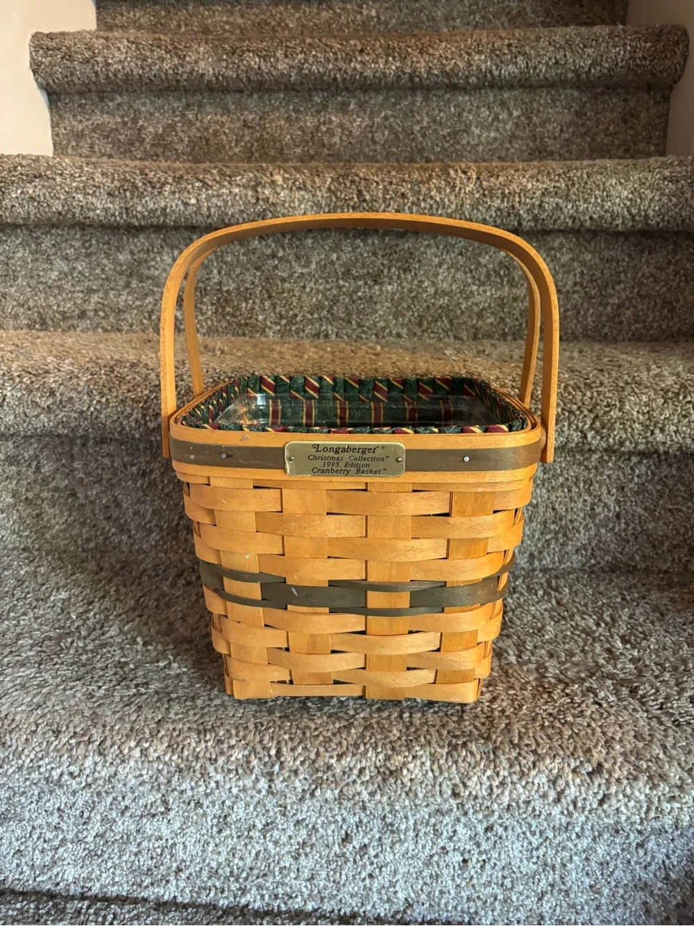Longaberger Honey Brown Basket with Red & Green Plaid Liner
